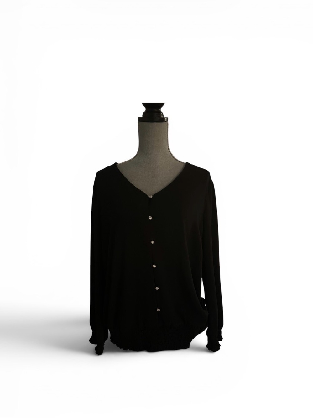 Black Button-Front V-Neck Blouse